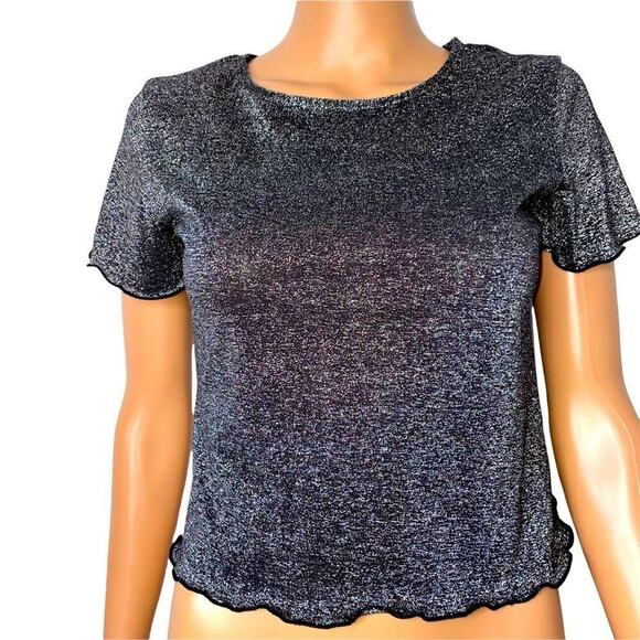 Urban Outfitters top semi cropped lettuce trim black silver top SZ M sparkly - Picture 2 of 6